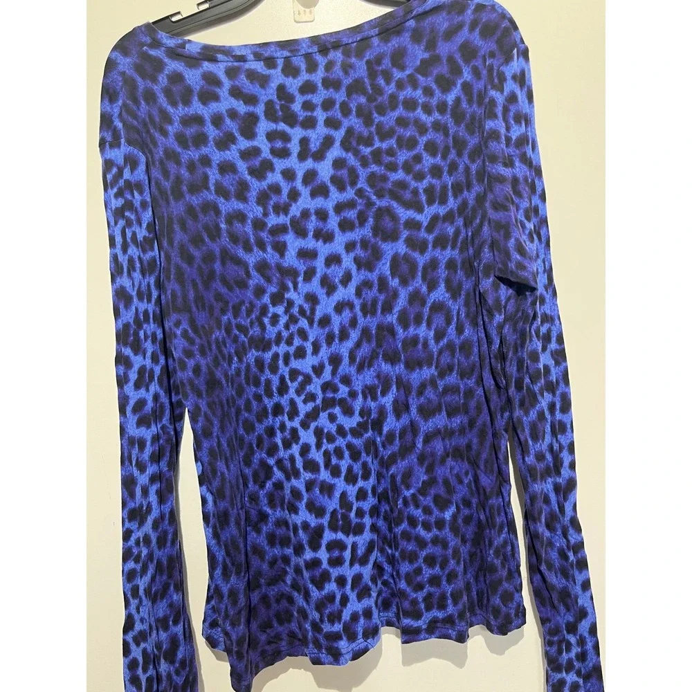 Michael Kors Womens XL Blue Black Leopard Animal Print Long Sleeve Crew Neck Top